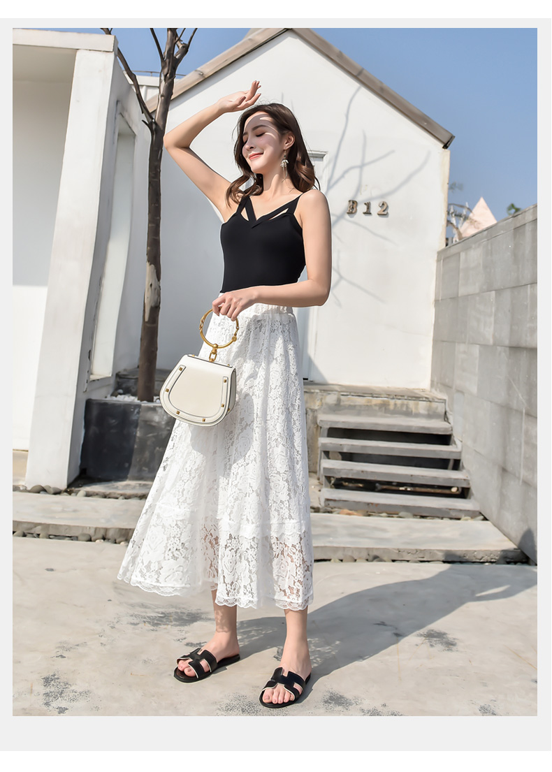 Váy ren nữ dài 2019 xuân hè mới váy đầm eo cao màu đen đã mỏng xếp li váy cổ tích - Váy chân váy lụa