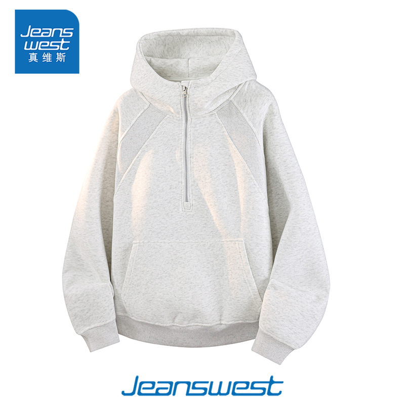 [Chang Ruonan Endorsement] Jeanswest Heavyweight Half-Zip Hooded Sweatshirt Jacket for Men and Women, New Spring and Autumn Style, Oversized Fit