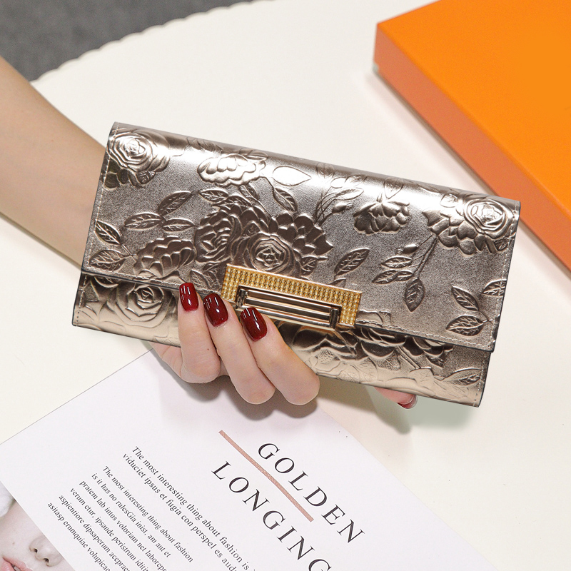 Women's Wallet, Long Style, Genuine Leather, Large Capacity, 2026 New Model, Chinese Style, Embossed Cowhide, Elegant Clutch, Can Hold a Phone