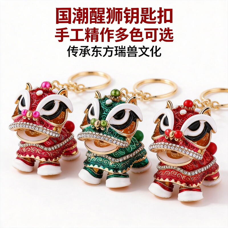 Chinese-Style Small Lion Dance Keychain, Foshan Lion Dance Culture Colorful Little Lion Keyring, Promotional Gift