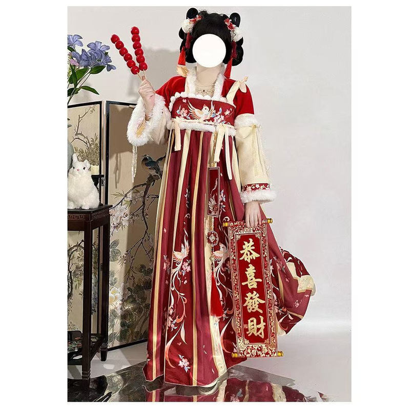 Traditional Chinese Style Hanfu Tang-Style Qi-Xiong Ruqun Thick Woolen Set Winter Warm Cute New Year Greeting Outfit Performance Costume