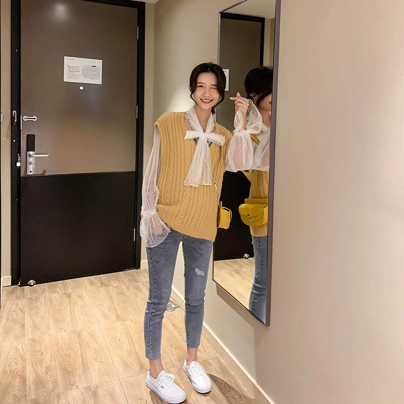 Bộ đồ mùa xuân dành cho bà bầu YYZJ 2019 Thời trang mới Hàn Quốc Vest đan hai mảnh Mẹ mặc quần jean - Áo thai sản