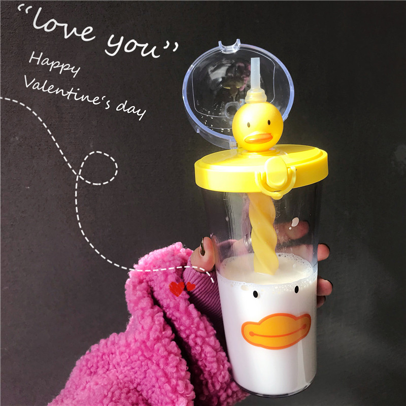 Cute Cartoon Net Red Creative Adult Stirring Straw Cup Female female supercute plastic water mug Han version Girl Heart
