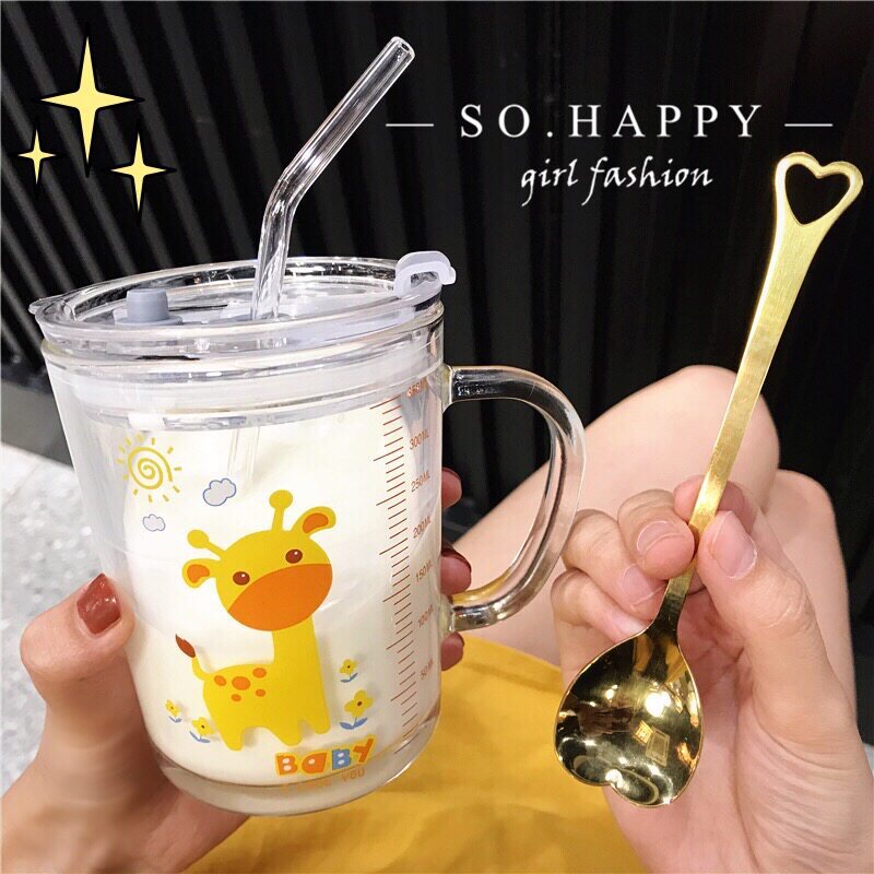 ins net red cute straw water mug girl heart student Korean version children's milk scale glass cup office
