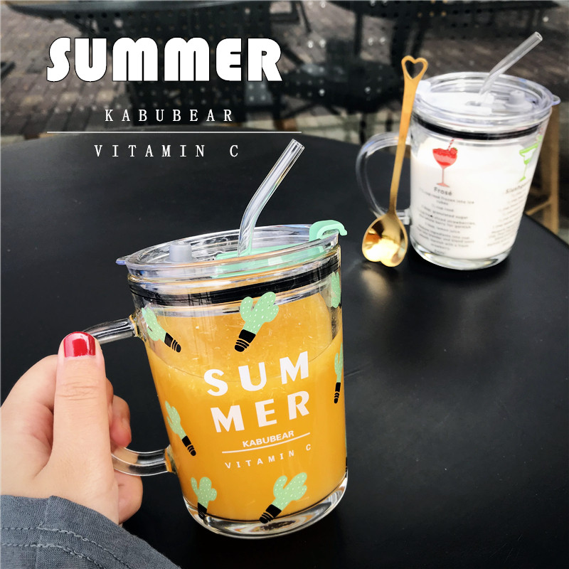 Ins children's home milk cup with graduated straw glass female student lovely fresh Korean girl heart