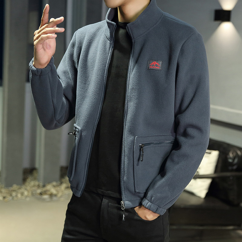 Outdoor spring and autumn fleece jacket men's stand-up collar fleece jacket large size jacket liner double-sided fleece warm jacket