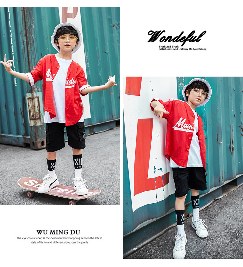 Trẻ em nhảy đường phố phù hợp với bé trai hip hop lỏng lẻo trẻ em hiphop trang phục hip-hop phiên bản Hàn Quốc của mùa hè thủy triều quần thể dục trẻ em