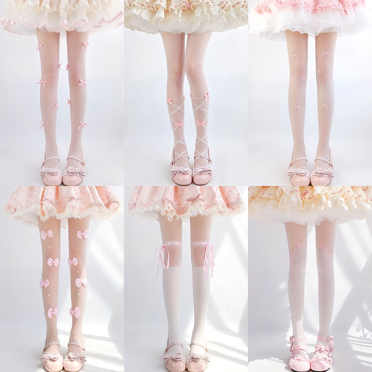 Lolita ballet style stockings collection: Lolita pink bow, pure and alluring white stockings, JK girl, Lolita pantyhose
