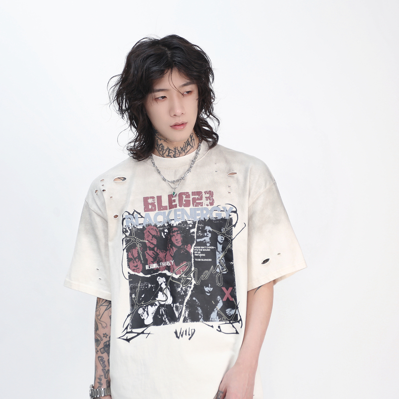 Mz American Retro Rock Band Print Distressed Short-Sleeve T-Shirt for Men with Vintage Design and Spray Paint Half-Sleeve Top Trendy