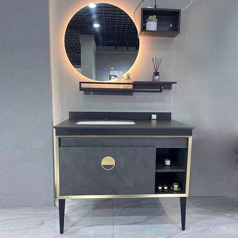 Simple bathroom cabinet combination rock slab countertop floor-to-ceiling bathroom wash stand solid wood washbasin bathroom cabinet smart mirror