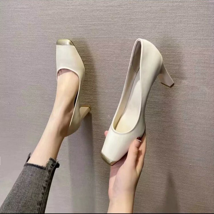 Brand Clearance Retro Square-Toe High-Heeled Shoes, Korean Style New Model, Ladylike Temperament, Color-Blocking, Shallow Mouth, Chunky Heel, Genuine Leather, Versatile