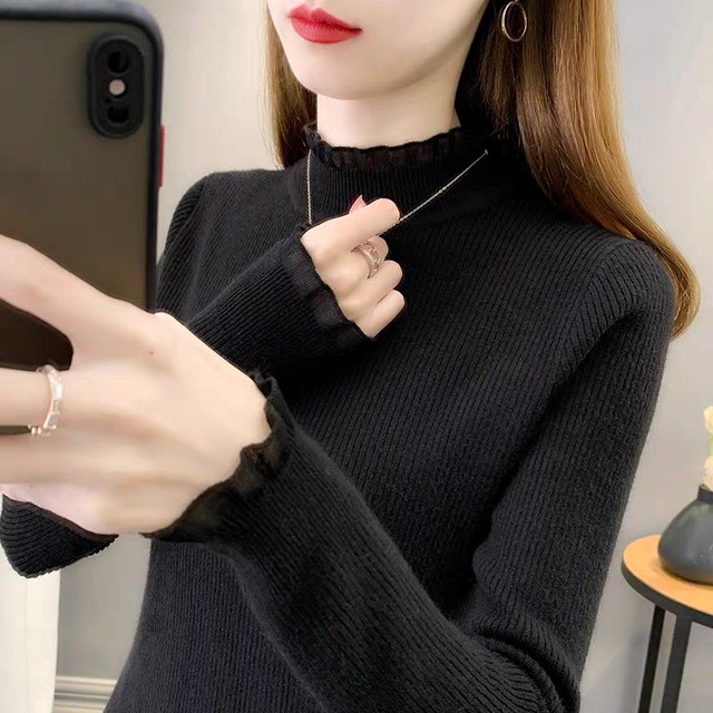 2024 early spring new style organza spliced ​​half turtleneck pullover solid color sweater knitted sweater bottoming shirt versatile top