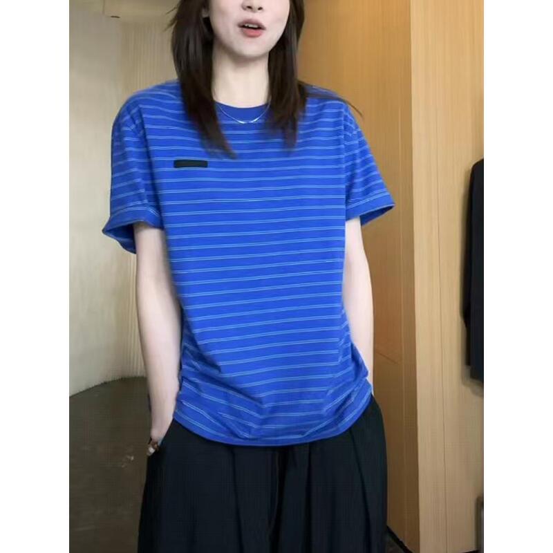 2025 Summer New Korean Style Color-Block Blue Striped Short-Sleeve T-Shirt for Women, Loose Plus-Size Casual Base Shirt Top 2025 Summer New Korean Style Color-Block Blue Striped Short-Sleeve T-Shirt for Women, Loose Plus-Size Casual Base Shirt Top