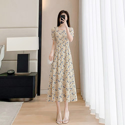 ຊຸດດອກກຸຫຼາບປີ 2024 Summer New Style Square Neck Temperament Slim Waist Long Skirt Over the Knee Chiffon A-Line Skirt for Women