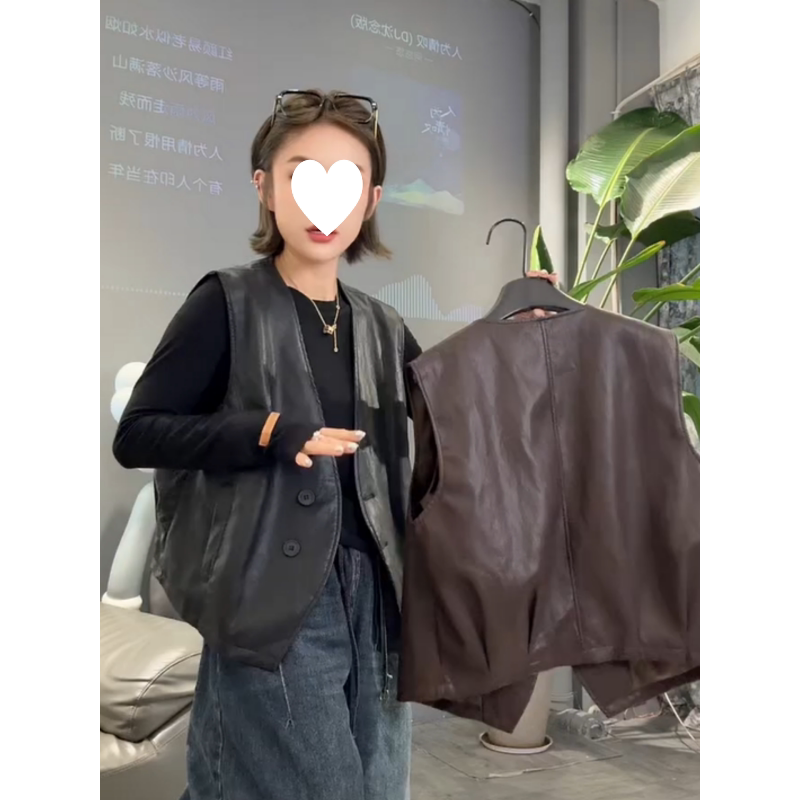 Korean Style High-Waisted Slimming Sleeveless V-Neck Leather Vest for Women, Early Autumn New Design, Stylish Biker Jacket, Trendy Leather Coat Korean Style High-Waisted Slimming Sleeveless V-Neck Leather Vest for Women, Early Autumn New Design, Stylish Biker Jacket, Trendy Leather Coat