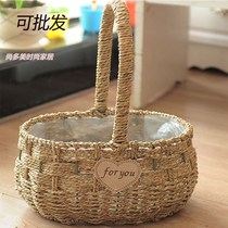 Portable flower basket Flower arrangement Flower basket wicker flower blue creative pastoral basket bouquet Wedding carnations