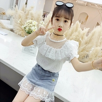 Girls summer 2021 New set childrens summer Net red denim skirt girl foreign-style big boy summer two-piece
