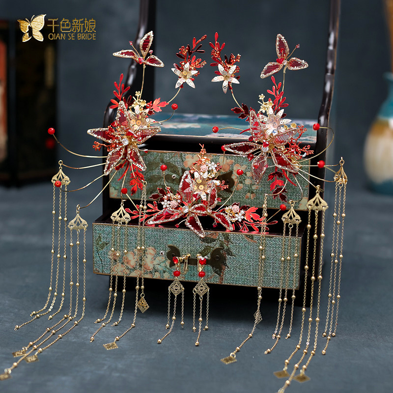 Bridal headdress Chinese style hairpin ancient costume hair accessories set 2022 new red Xiuhe clothing dragon and Phoenix gown accessories Linjia