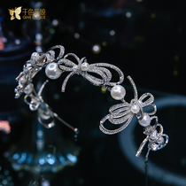 New Korean version of silver rhinestone bow hairband temperament hair crown bride headdress earrings set wedding accessories Mu Ying