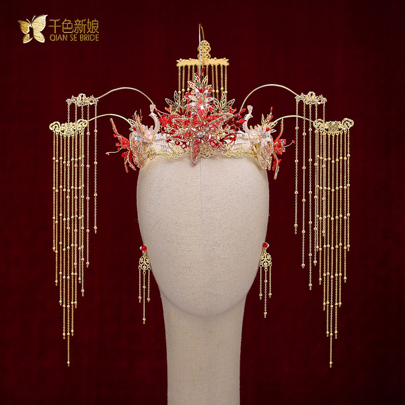 Bride Xiuhe clothing ancient costume headdress new wedding Chinese ancient style hair accessories wedding dragon and phoenix hanging atmosphere Su Yaoyue
