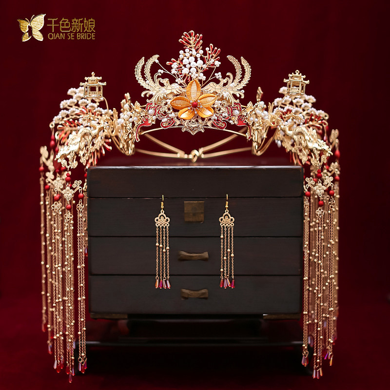 Xiuhe clothing headdress Wedding hair accessories Chinese wedding costume Fengguan temperament bride retro dragon and phoenix hanging jewelry Yanxia