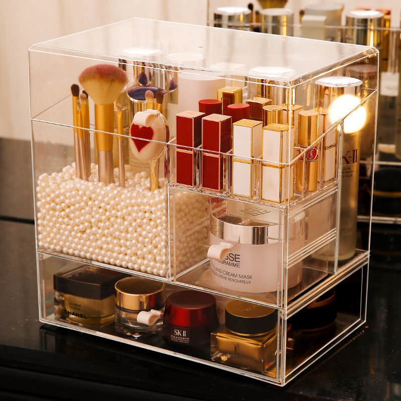 Desktop Cosmetic Storage Box Drawer-Type Dust-Ins Shelve Debris Finishing Dorm Skin Care Brief transparent 