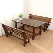 Outdoor anticorrosive solid wood table and chairs kit Composition Balcony Open-air Courtyard Casual Storefront Carbonated Wood Table and chairs Three sets