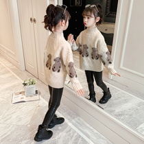 Girls sweater 2022 new foreign style childrens autumn and winter thickened medium and big childrens high collar plus velvet little girl spring and autumn