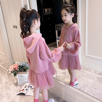 Girls Spring and Autumn Dresses 2022 New Western Style Girls Korean Version Hooded Sweater Dress Medium and Big Childrens Autumn Dress Skirt