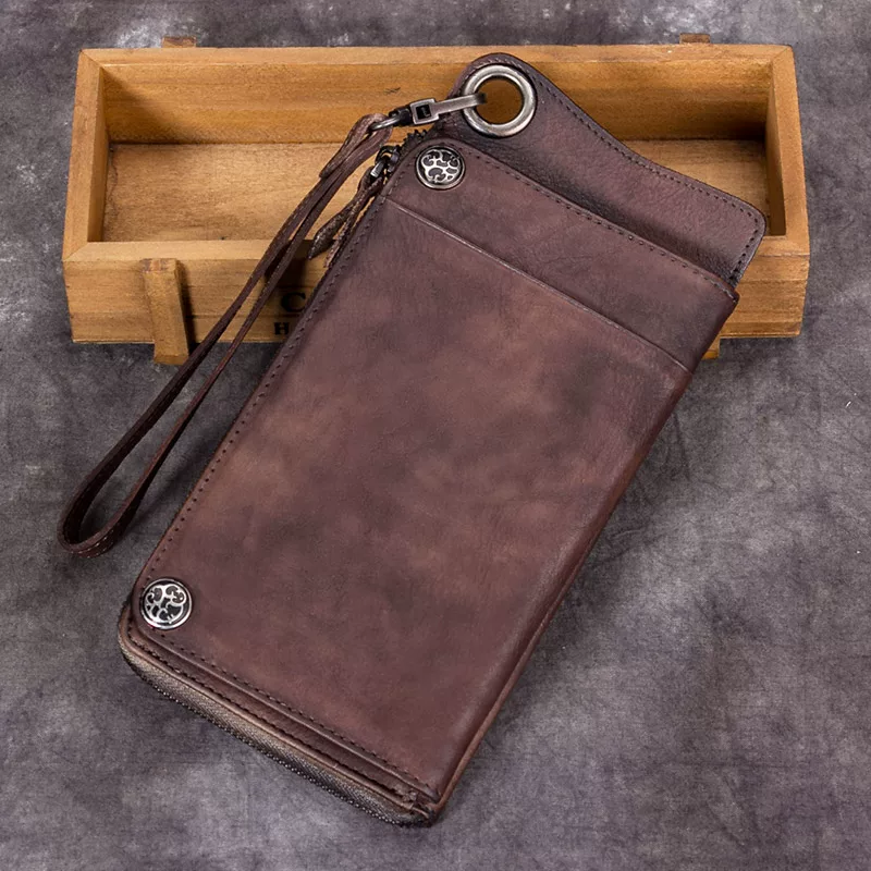 Retro leather long wallet with zipper, cowhide, genuine leather, maxi length, Japanese and Korean, simple and elegant design