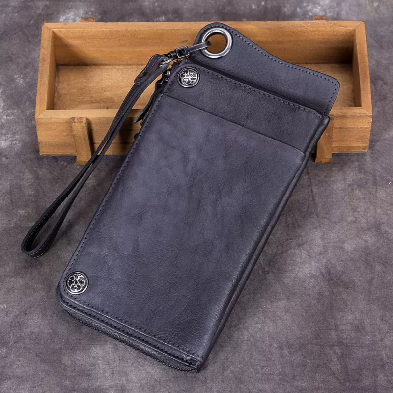 Retro leather long wallet with zipper, cowhide, genuine leather, maxi length, Japanese and Korean, simple and elegant design