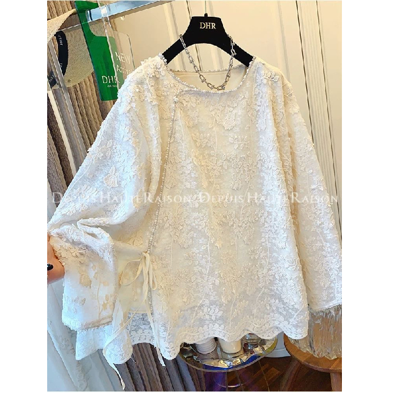Plus-Size Women's 100kg New Chinese-Style National Style Shirt with Diagonal Collar, Pearl Buttons, Lace-Up, Heavy Embroidery, Lace, Long Sleeves, Spring/Summer