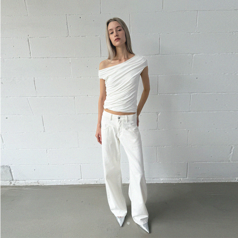 Hai3* Non-Stretch Mid-Low Waist Split White Banana Cut White Denim Scythe Pants