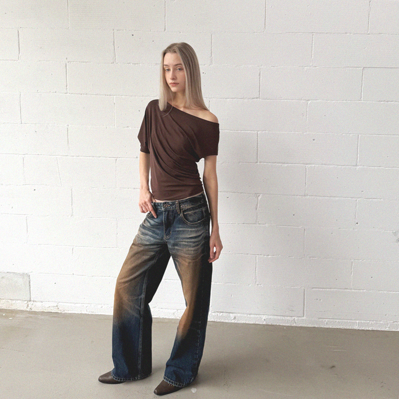 Hai3* Mid-Low Waist Straight-Leg Distressed Jeans Dirty Pants with Floral Distressing Distressed Jeans