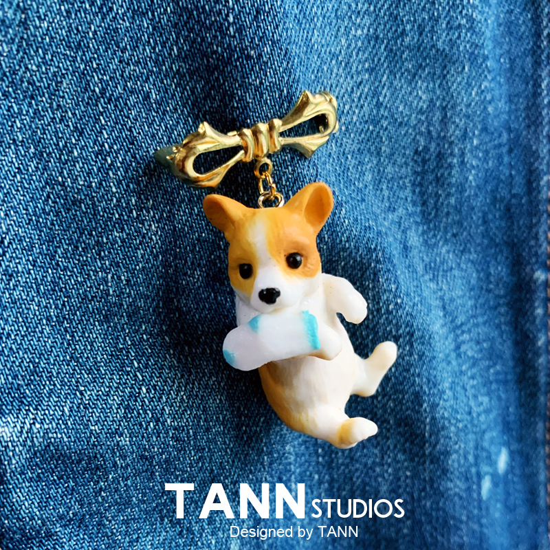 Cute Corgi Puppy with a Sock in Its Mouth, 3D Brooch, 3D Badge, Student Shoe, Bag Accessory