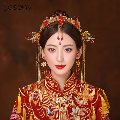 Chinese costume hair accessories Chinese Fengguan Xiamen Jewelry Bride&apos;s Retro Marriage Step Swing tassel Hair Jewelry Suit