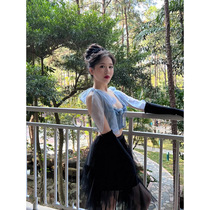 2022 spring and summer new style design senses small crowd temperamental flower harnesses vest mesh yarn half dress Two suits women