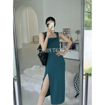 2021 new French long skirt high-end temperament self-cultivation retro skirt side slit suspenders square collar dress summer