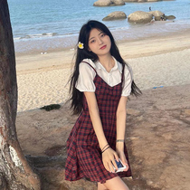 2022 summer new French retro fake two-piece plaid dress with waist puff sleeves short skirt with straps shirt skirt