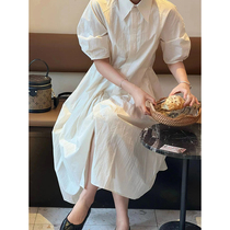 2022 summer new French style simple white shirt dress womens high-end temperament waist slimming long skirt
