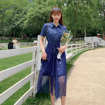 Mesh mosaic denim dress female 2020 Summer new Korean lace-up waist slim long dress