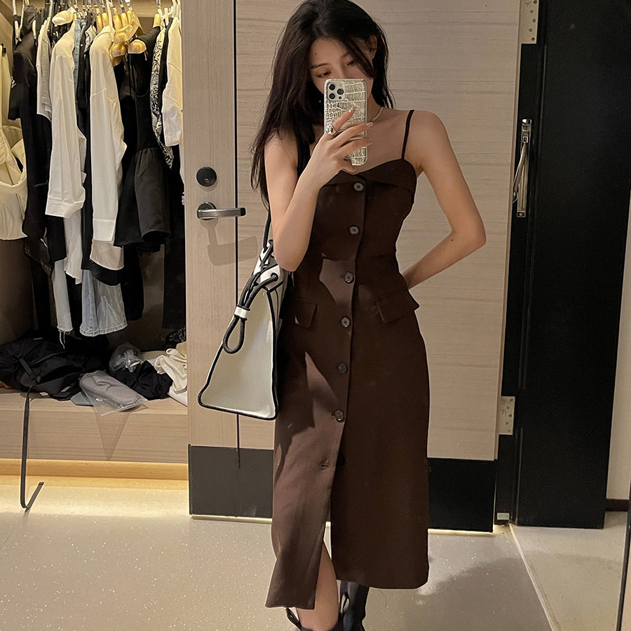 2022 New French long skirt high - sentiment repair retro skirt hanging sleeveless forklifted dress female summer