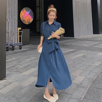 Temperament medium long Korean shirt dress female 2020 Spring Summer new Polo collar blue design skirt