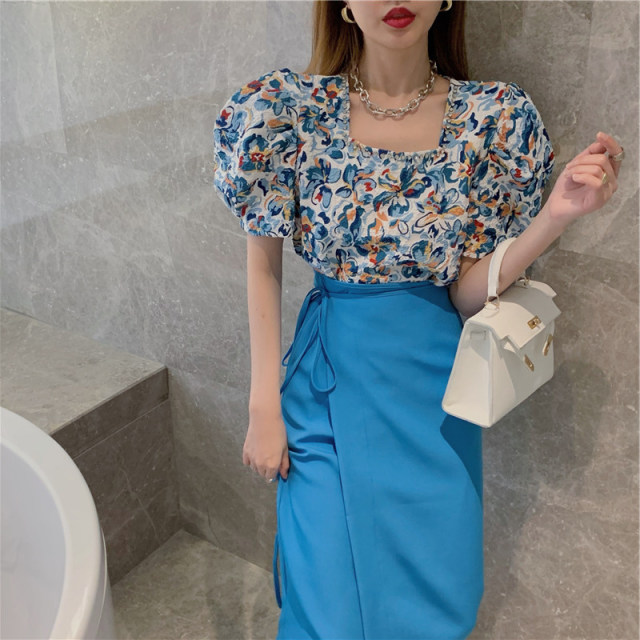 Summer new French retro square collar diamond-studded floral top with straps one-piece half-length hip skirt two-piece suit