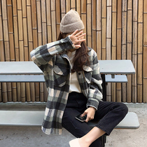 Tweed plaid shirt coat women 2021 autumn and winter New loose students literary chic long sleeve woolen shirt tide