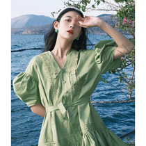 2022 summer new French retro green embroidered lapel dress niche design temperament thin skirt