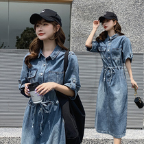 Denim dress female 2020 Summer new Korean version of high waist lace loose short sleeve temperament long denim skirt