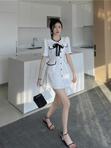 2022 new French high-end temperament self-cultivation retro skirt bowknot color contrast single-breasted dress female summer