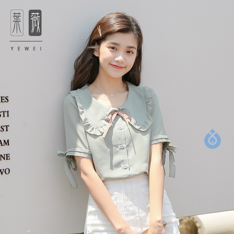 2020 Xia Han phiên bản đơn giản ngọt nhỏ mộc nhĩ tươi búp bê nơ nơ nơ voan tie với áo sơ mi ngắn tay nữ