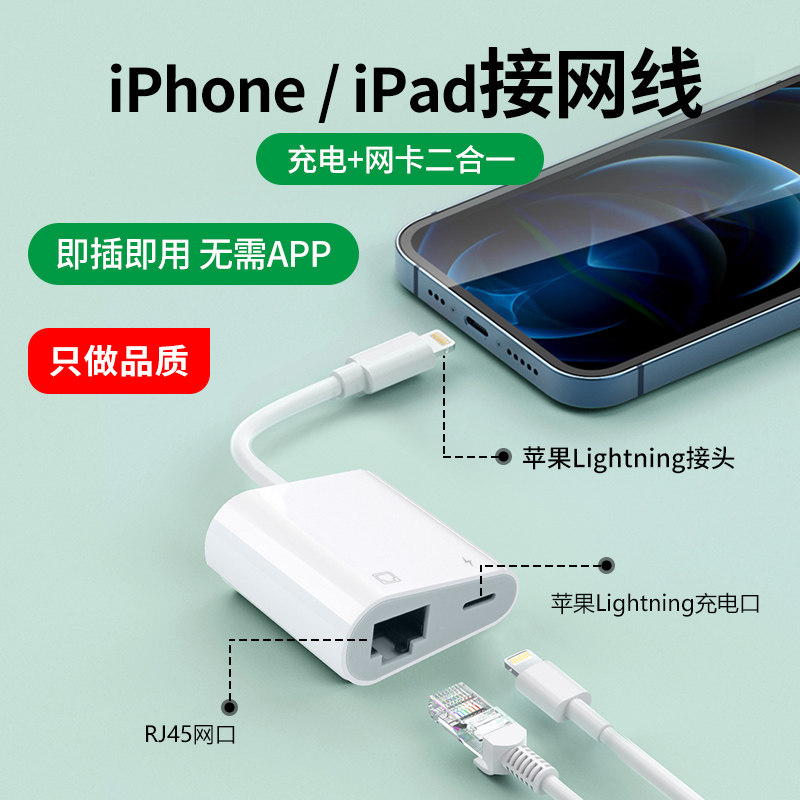 Applicable Apple mobile phone network line connector iphone7 8P 12 13 live Ethernet transfer interface ipad network card direct connection network tablet wired Internet 100M Gigabit broadband conversion